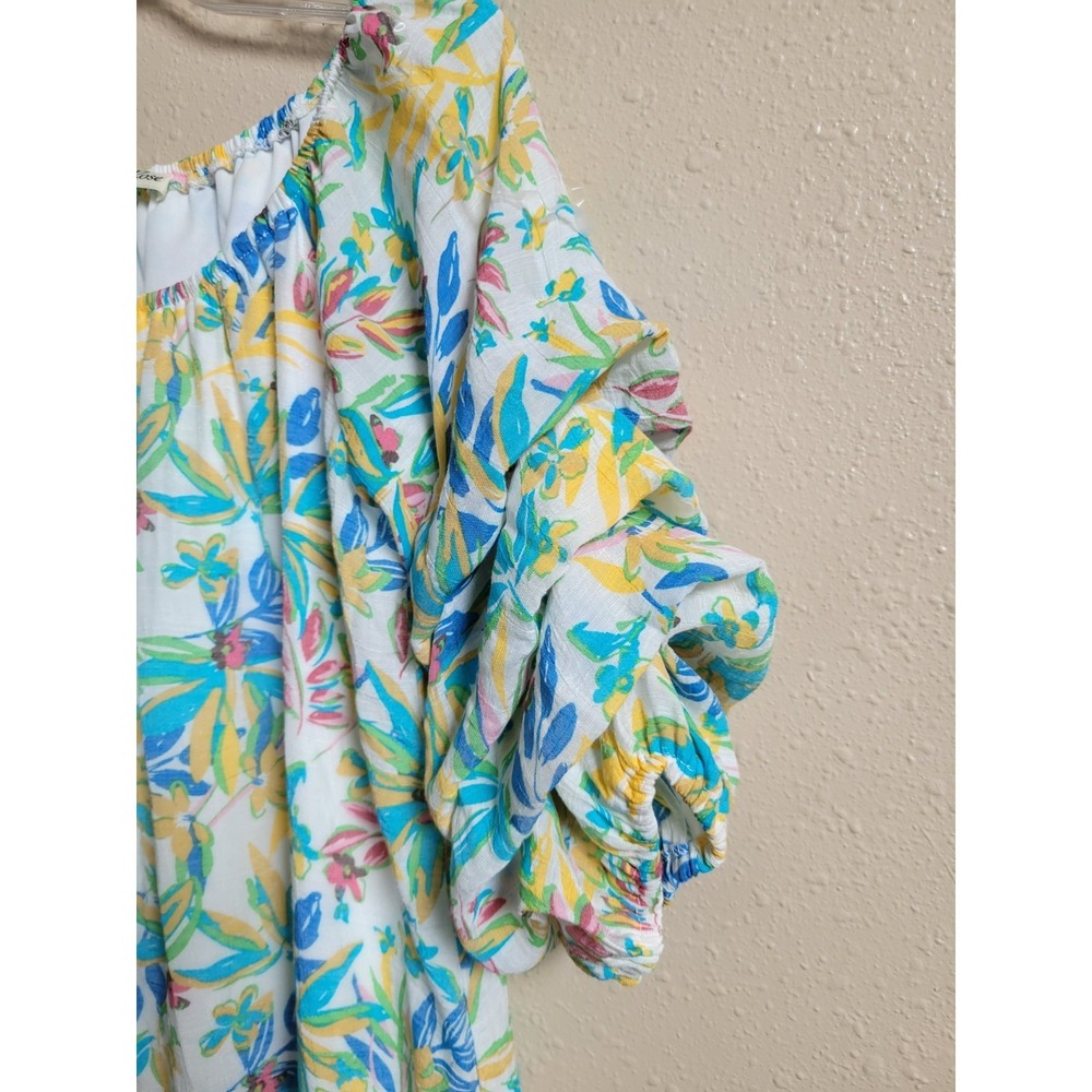 Indigo Rose Dress White Floral Colorful Tropical Tier Puff Sleeve Lined Beachy S - Picture 3 of 9